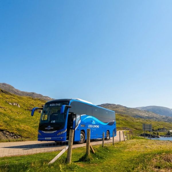A Loch Lomond Travel coach on a scenic Highland road