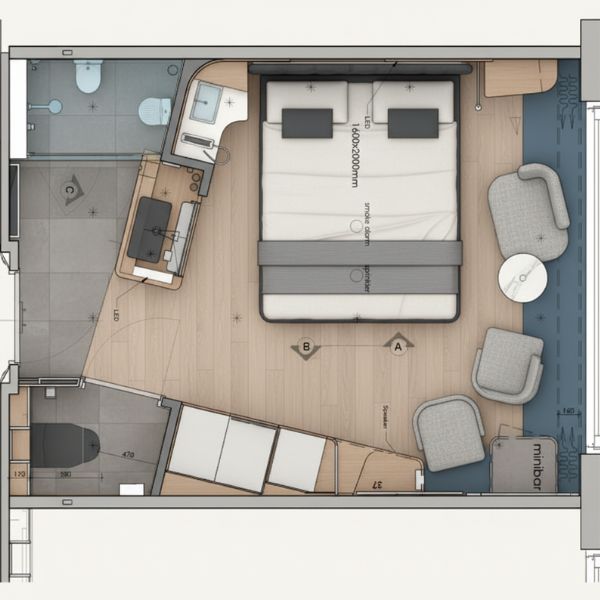 Illustrative Deluxe Cabin floor plan showing the bed, seating and en-suite bathroom