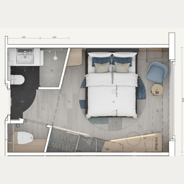 Illustrative Stateroom Plus floor plan showing the bed, seating and en-suite bathroom