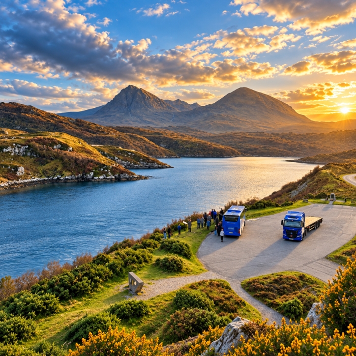 Coaches beside a Highland loch beneath mountain scenery