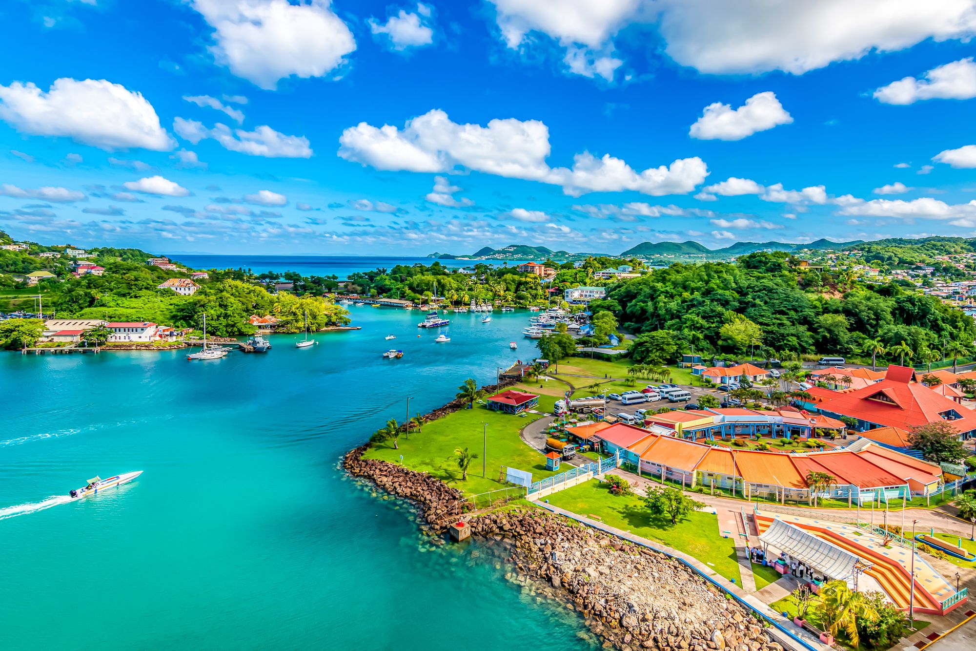 Aerial view of Castries and the Caribbean coast of St Lucia