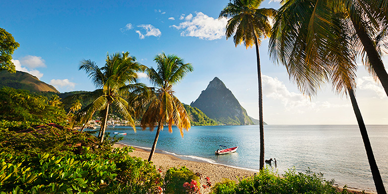 The Pitons rising above the coast of St Lucia