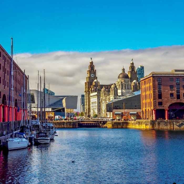Liverpool waterfront and historic buildings viewed from the docks